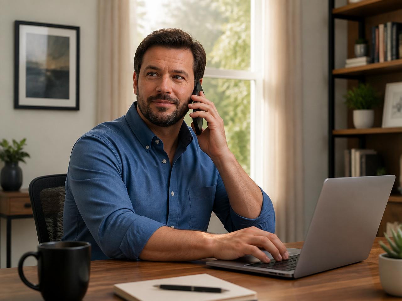 Box truck owner-operator taking a call from his office