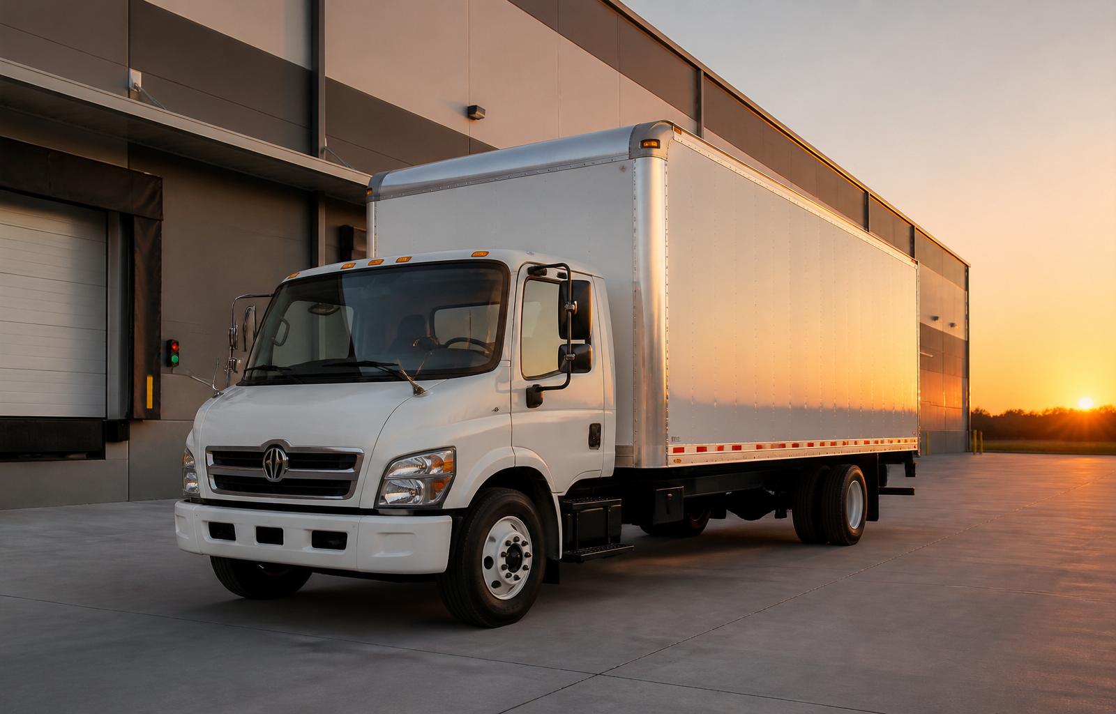 Modern box truck at a warehouse loading dock
